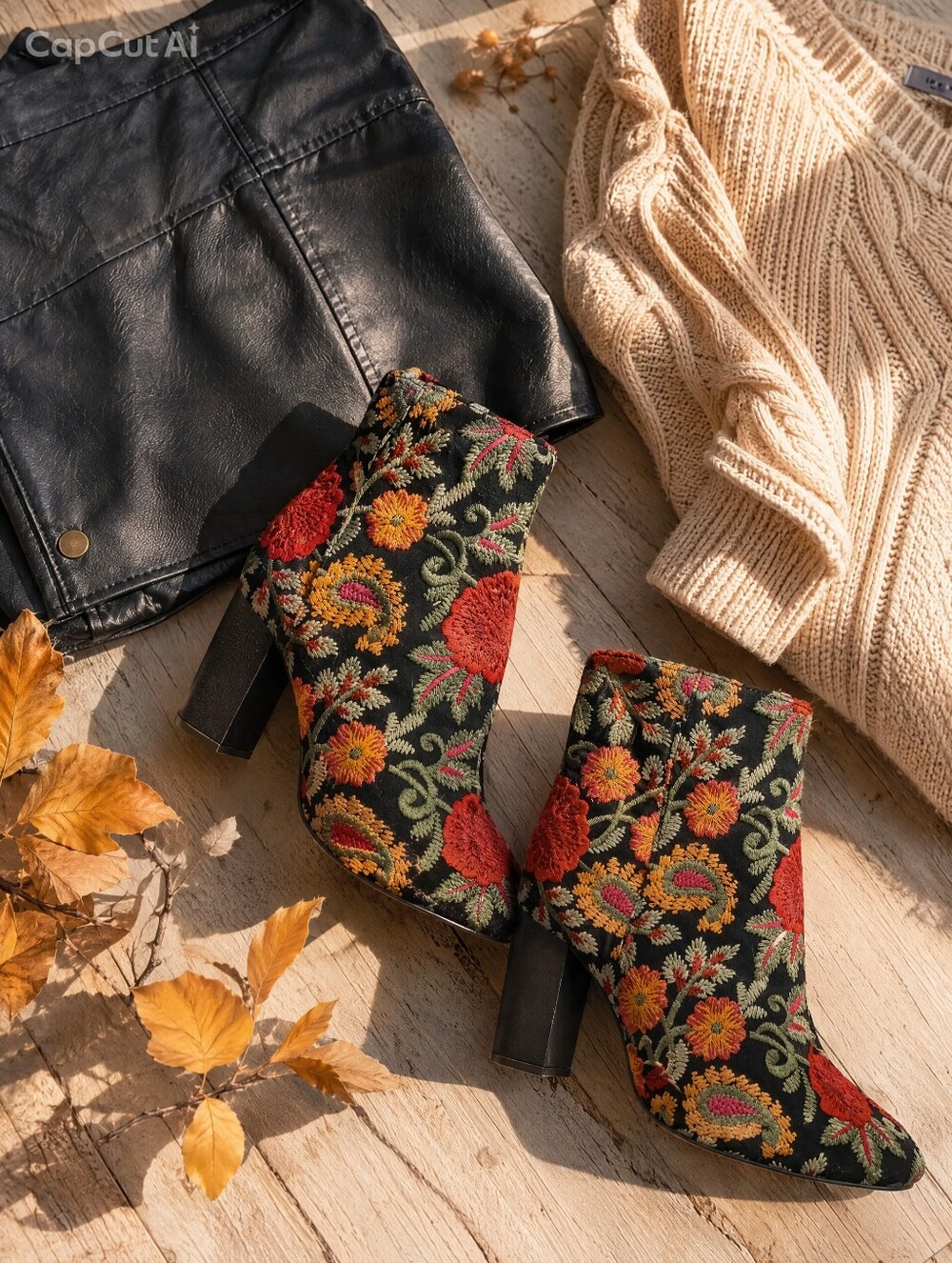 Embroidered Floral Ankle Boots - Black with Red & Gold Accents